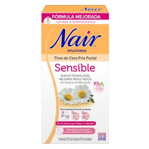 Nair Tiras de Cera Fría Faciales para piel sensible con extracto de manzanilla 36 piezas (18 tiras dobles)