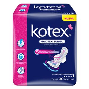 Toallas Femeninas  Maxi Nocturnas C/ Alas 30 Pza  Kotex  1.0